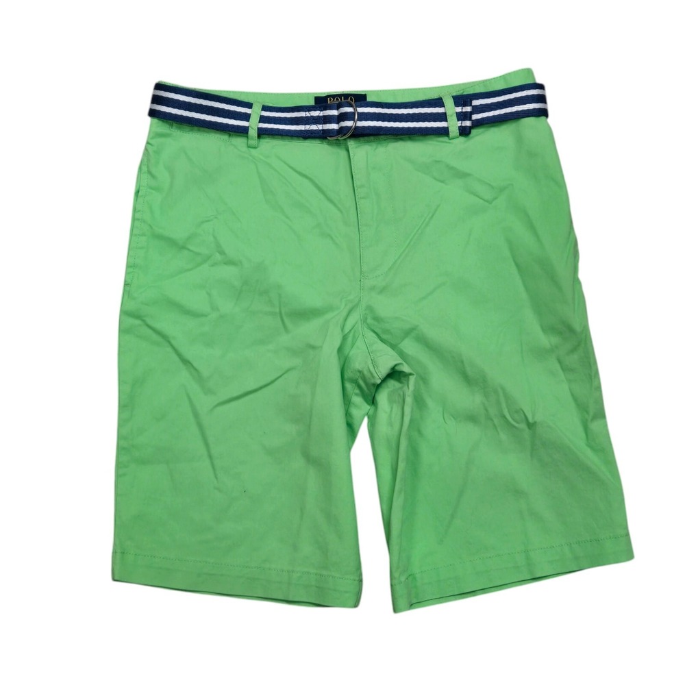 Polo Ralph Lauren Boys 18 Lime Green Flat Front Chino Shorts with Blue Belt MINT
